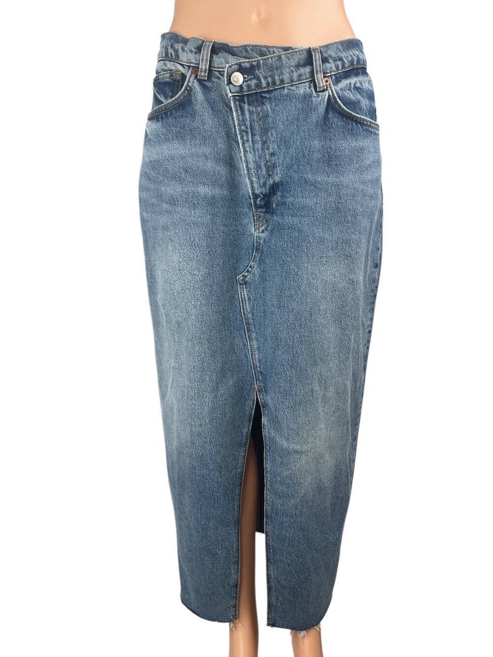 Reformation Nila Blue Front Slit High Waisted Midi Pencil Denim Jeans Skirt 29